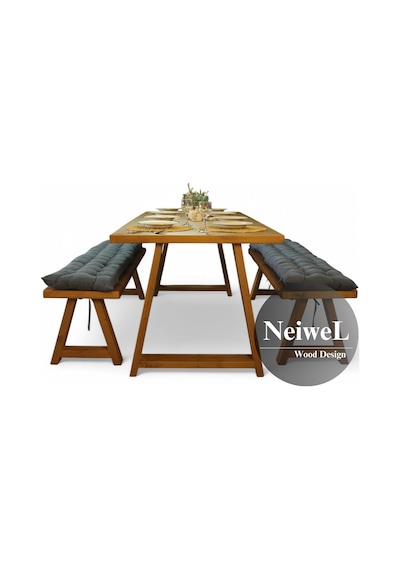 Neiwel Aries Doğal Ahşap Banklı Yemek Masası Takımı-100-220 Takım Açık Ceviz