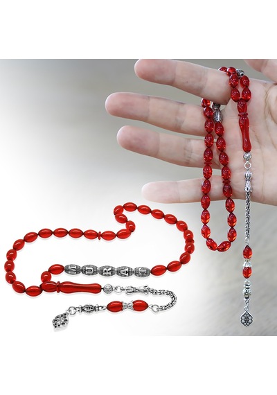 Tesbihname Ateş Kehribar Tesbih - Metal Püsküllü - Özel Hediye Kutulu - Arpa Kesim - Amber Kırmızı Renk