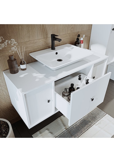 Lavabolu Mdf 120 Cm Çekmeceli Dolap + Aynalı Üst Dolabı Beyaz Mat Beyaz