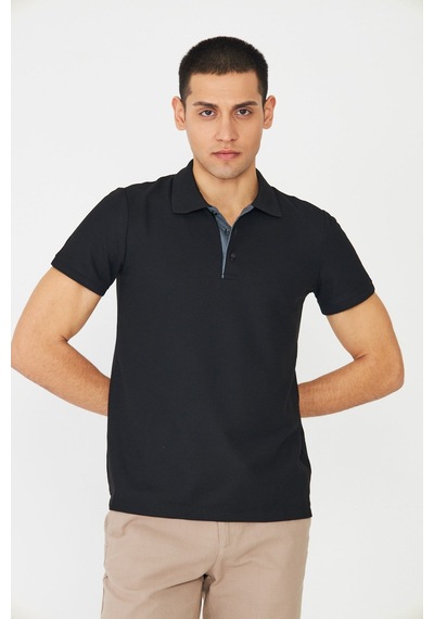 Siyah Modern Kesim Polo Yaka Erkek T-shirt Siyah