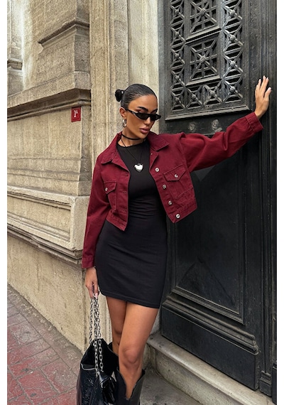 Loia Nido Moda Kadın Bordo Çift Cep Denim Crop Şık Ceket L26-bcdf-2554 Çok Renkli
