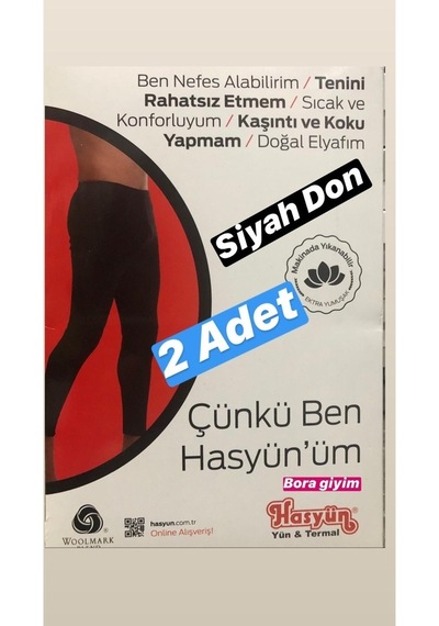 Hasyün Erkek Don Siyah Yün Içlik Termal Içlik Doğal 2 Adet