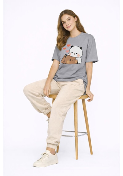 Sevimli Panda Baskılı Sevgili Kombini Çift Tişört Oversize Unisex Çok Renkli