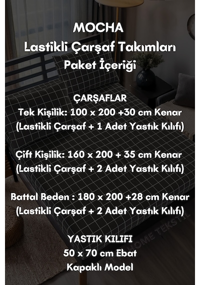 Mocha Antrasit Ekose Desenli Pamuklu Kumaş Lastikli Çarşaf Takımı Antrasit