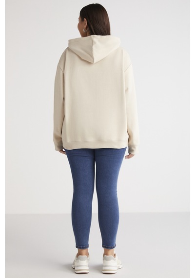 ETHIQUET TEREZABB Kadın Içi Polarlı Yumuşacık Comfort Fit Kapüşonlu Kanguru Cep Bej Büyük Beden Sweatshirt