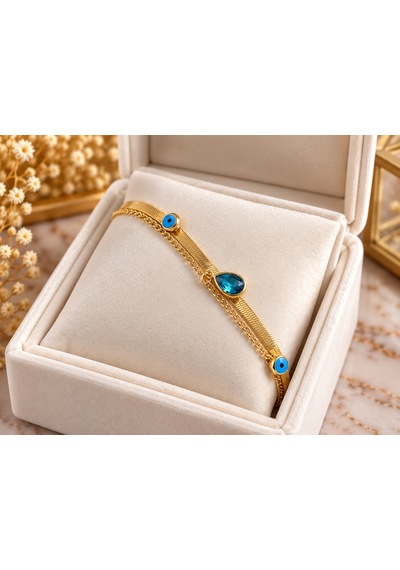 Terragolds Çelik Nazar Boncuk Detaylı Mavi Zirkon Taşlı Model İtalyan Zincir Gold Renk - Bb7828
