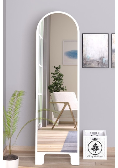 Beyaz 120x43 Cm Ayaklı Tek Kubbeli Salon Antre Çocuk Odası Banyo Wc Yatak Odası Boy Aynası Beyaz
