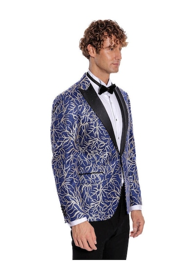 Wessi Işıltılı Sarmaşık Desenli Slim Fit Mavi Erkek Smokin Ceket Mavi