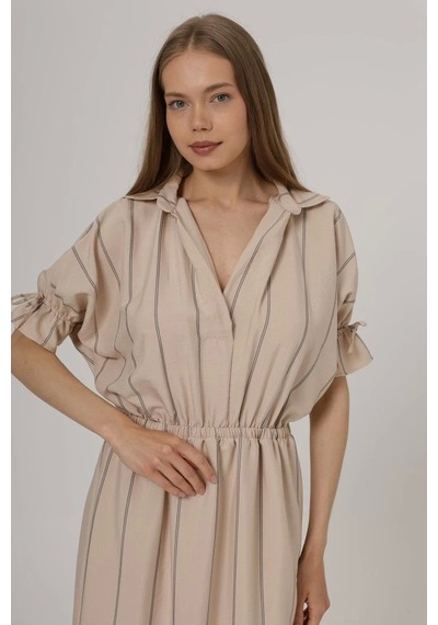 Defymoda Beli Lastikli Elbise - Taş Taş