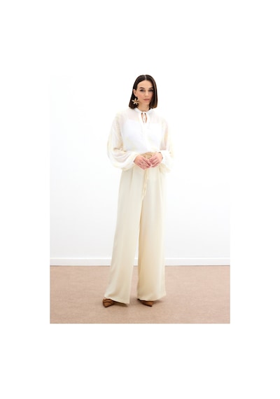 Sateen Nakışlı Şifon Gömlek - Krem-136178 Krem