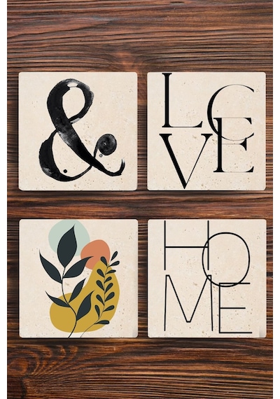 Doğaltaş Bardak Altlığı 4'lü Set - Love & Home Uv Baskılı Doğal Taş Bardak Altı Çok Renkli