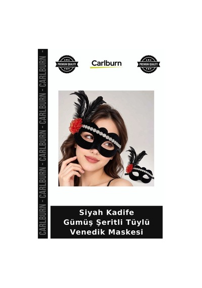 Premium Siyah Kadife Gümüş Şeritli Tüylü Venedik Maskesi Tören Giyim Balo "