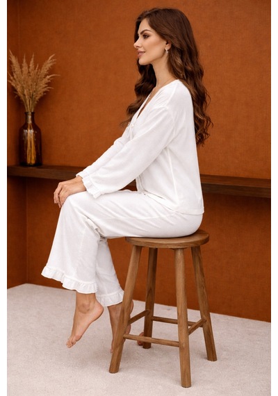 Elmoda Kadın Beyaz Volan Detaylı Önü Bağlamalı Pijama Takımı Beyaz Beyaz