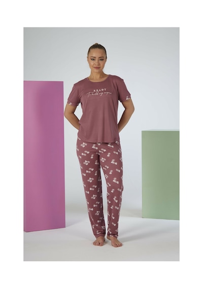 Estiva Kadın Yaprak Alt Desenli Kısa Kollu Soft Pijama Takımı Pudra