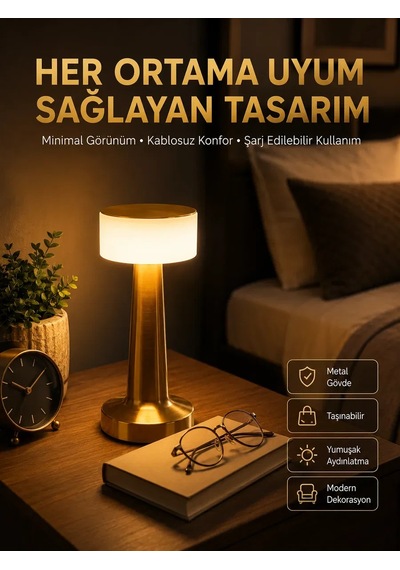 Kablosuz Renkli Masa Ve Gece Lambası Altın Rengi Dokunmatik Led Lamba Standart