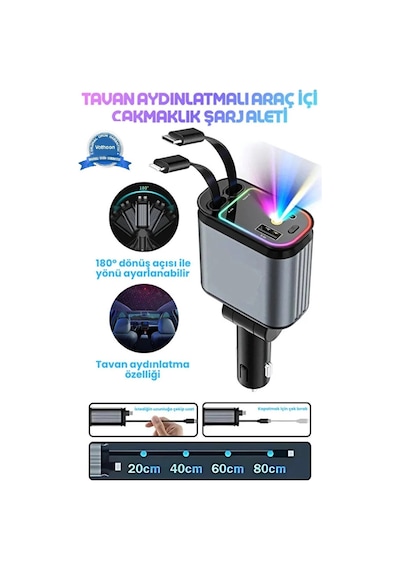 Led Işık Tavan Aydınlatmalı 66w 4'1 Çift Kablolu Hızlı Şarj 3.4a Araç İçi Çakmaklık Şarj Aleti Siyah