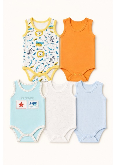 Babyhola 5'li Atlet Kol Çıtçıtlı Badi Mix Set Mavi