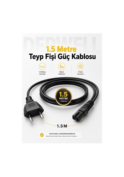 Universal C7 Güç Kablosu 1.5m - Çift Delikli Teyp Konsol Tv Enerji Kablosu Ps4 Slim Ps3 Ps2 Işıldak Laptop Adaptör Radyo Şarj Kablosu Esnek Bakır Siyah Akım Korumalı 2 Pin Sekiz Figür Besleme
