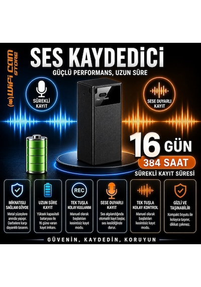 Sese Duyarlı Sensörlü Ses Kayıt Cihazı 16 Gün Şarj Süresi