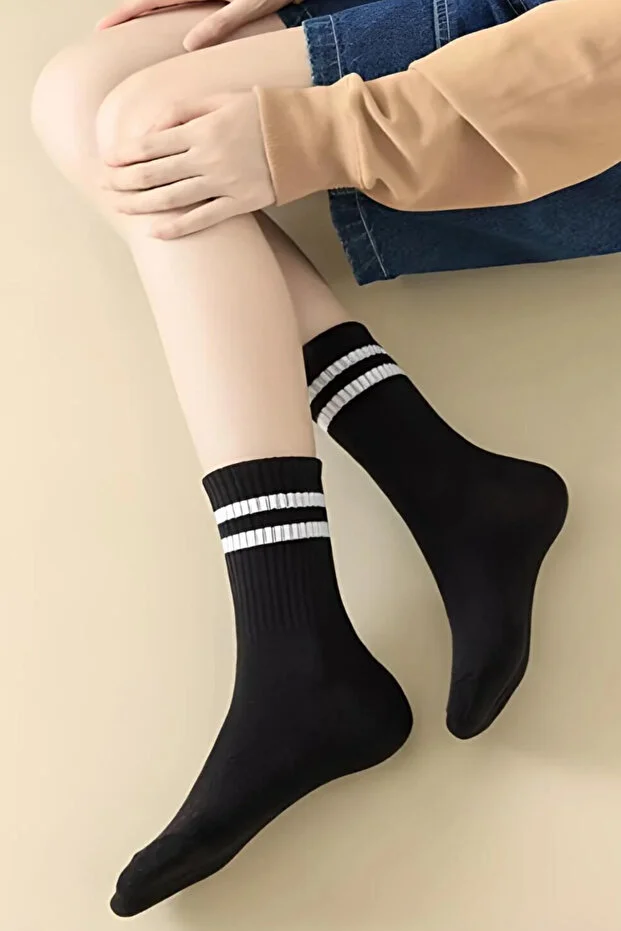 Esinti Unisex Beyaz Siyah Kolej Çorap 8'li Paket Pamuklu 8 Pairs Beyaz-siyah Çizgili