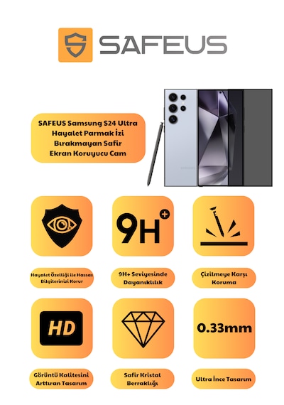 Safeus Tam Kaplayan Hayalet Parmak İzi Bırakmayan Safir Ekran Koruyucu Cam , Samsung S24 Ultra İle Uyumlu