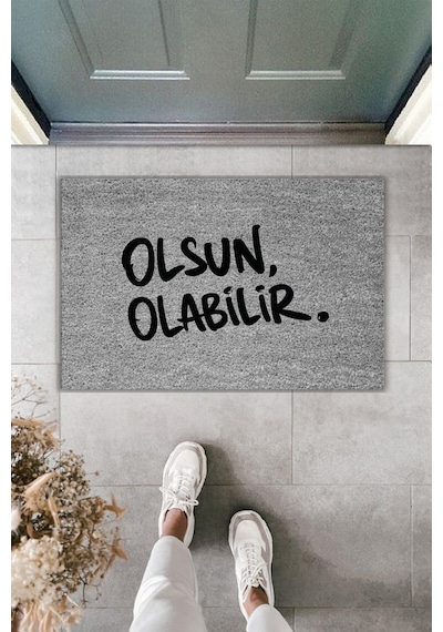 Rugmood Modern Dijital Baskı - Olsun Olabilir Paspas - Kapı Önü Paspası Gri