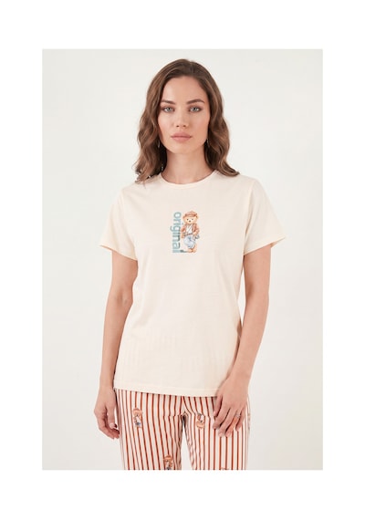 Lela Desenli Pamuklu Bisiklet Yaka Kaprili Pijama Takımı Bayan Pijama Takımı 65790787 Bej