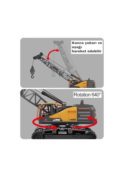 Uzaktan Kumandalı 6 Fonksiyon Şarjlı 640 Derece Dönebilen Vinç Oyuncak İş Makinesi 25 Cm. 6 Fonksiyon Vinç