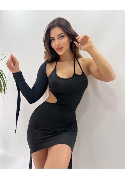 Pink Life Siyah Tek Omuzlu Dekolteli Mikro Kumaş Mini Elbise Pink Life Siyah Tek Omuzlu Dekolteli Mikro Kumaş Mini Elbise