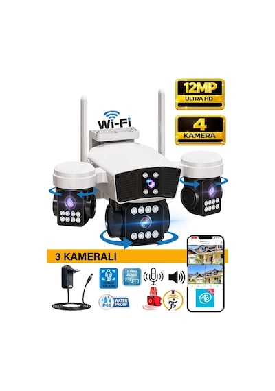 O-kam Ok-206w Wifi 12mp 4 Lens Aov Sirenli Gece Görüş Sesli Akıllı Güvenlik Kamerası Kişi Takibi Adaptör li