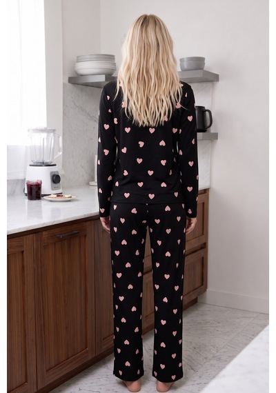 Siyah İnci Desenli Termal Kumaşlı Ultra Soft Yumuşak Örme Pijama Takımı 26226323 Siyah