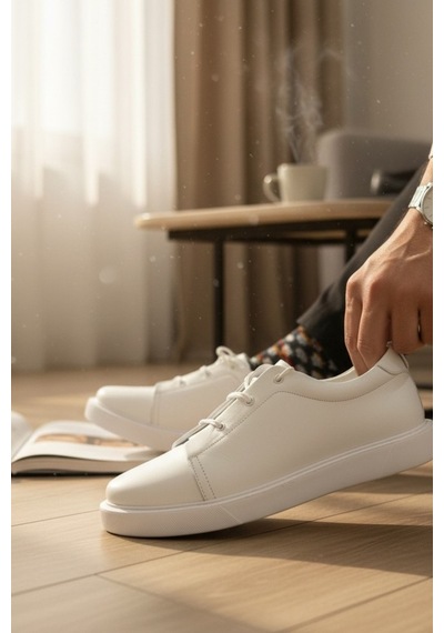 Enoch Hakiki Deri Günlük Lastik Bağcıklı Erkek Ayakkabı Comfort Taban Sneaker Beyaz