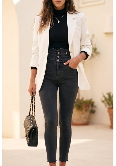 Soulshae Siyah Yüksek Bel Düğmeli Denim Pantolon