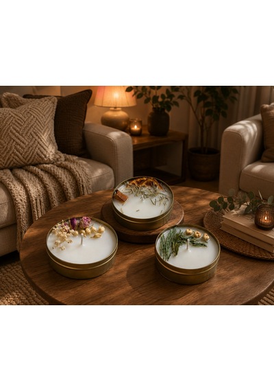 Niyet Temalı 3 Lü El Yapımı Aromatik Mum Seti Nazar, Bereket & Huzur Gold Teneke Hediyelik Mum 001 - Beyaz