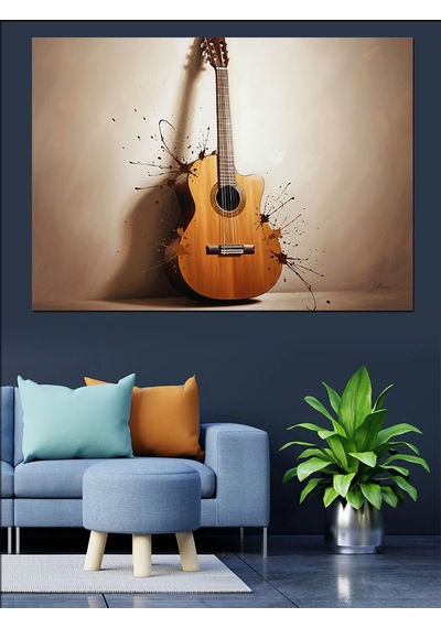 Duvara Dayalı Klasik Gitar Müzik Enstrümanı Görseli Dekoratif Kanvas - Mdf Ahşap Tablo