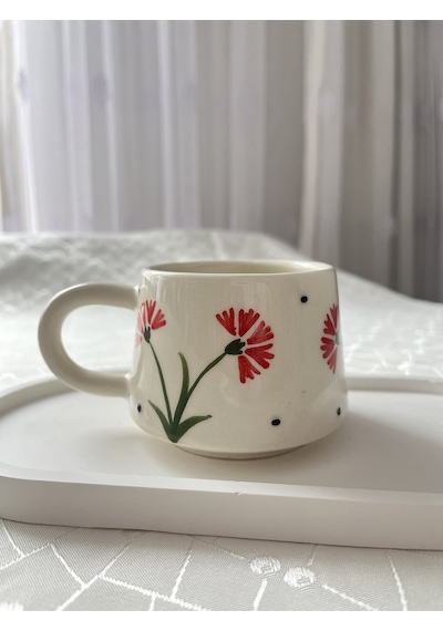 Çiçek Desenli Kupa Bardak Çay Kahve Fincanı Krem