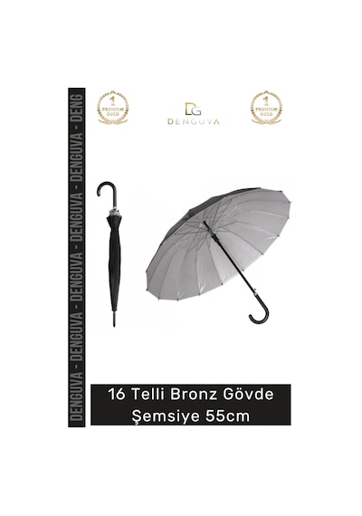 Denguva Şemsiye Otomatik Baston Tipi Rüzgar Korumalı Fiber Sağlam Şık 16 Telli Bronz Gövde Şemsiye 55cm Çok Renkli