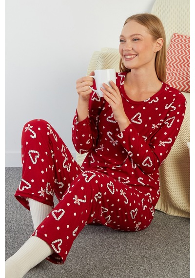 Fullamoda Puantiye Ve Kalp Desenli Bisiklet Yaka Süet Pijama Takımı Bordo