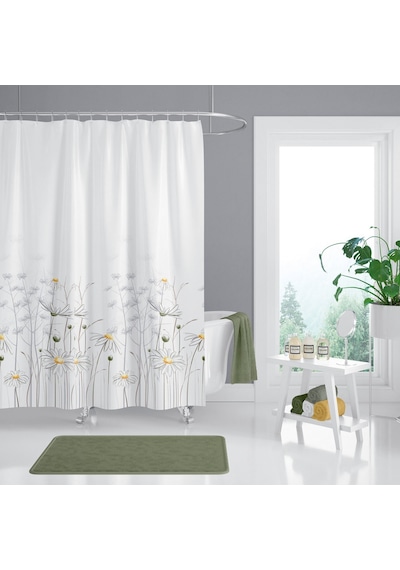 Papatya Desenli Banyo Perdesi, Çift Kanat 120x200 CM Duş Perdesi Beyaz
