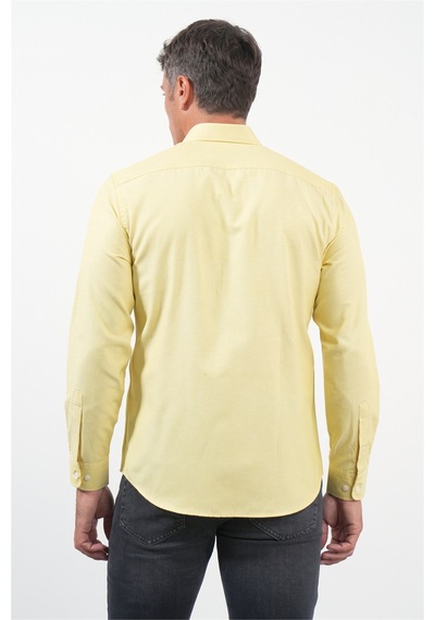 İmza Sarı Düğmeli Yaka Uzun Kol Slim Fit Pamuklu Gömlek 1004260235