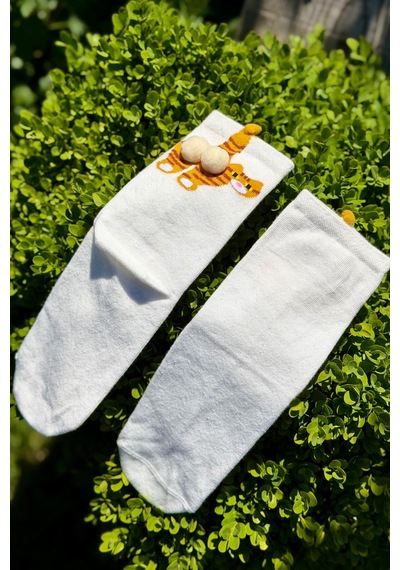 Lousocks Unisex Bej Yan Profil Tekir Kedi Desenli Ponpon Soket Çorap