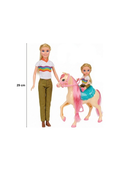 Good Girl 2'li Oyuncak Bebek Ve At Binicilik Seti - 29cm Büyük Bebek, Küçük Bebek, Pembe Yeleli Pony Sarı