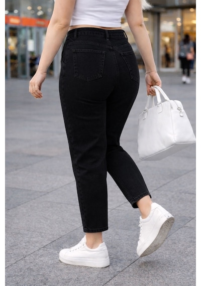 Cedy Denim Mom Fit Jean Büyük Beden Yüksek Bel Carrot Kesim Dar Paça Pileli Esnek Kot Pantolon C600 Siyah