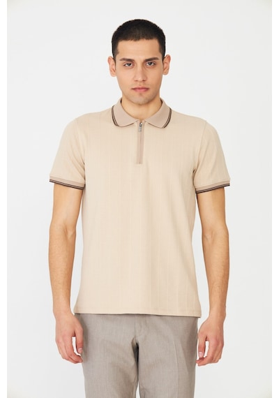 Bej Modern Kesim Fermuarlı Polo Yaka Erkek T-shirt Bej