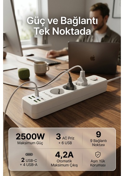 Akım Korumalı Priz 3'lü 4x Usb-a + 2x Usb-c 2 Metre Kablo 0 - 2 M