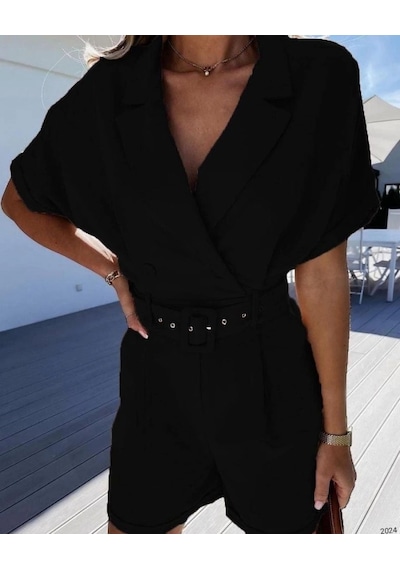 Kadın Ceket Yaka Pileli Kemer Dahil Şort Tulum Siyah