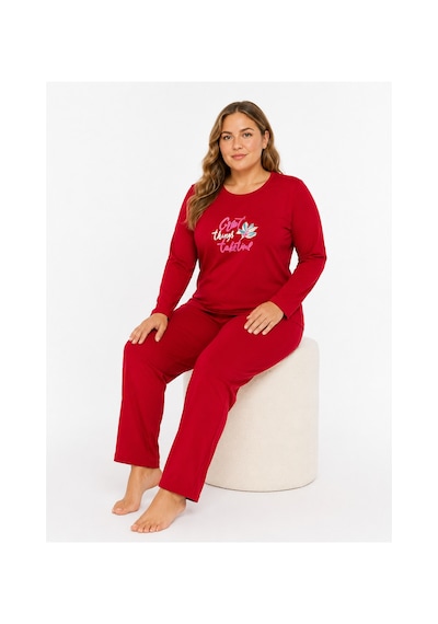 Sleeproom Büyük Beden Kadın Mevsimlik Great Things Desen Kırmızı Pijama Takımı
