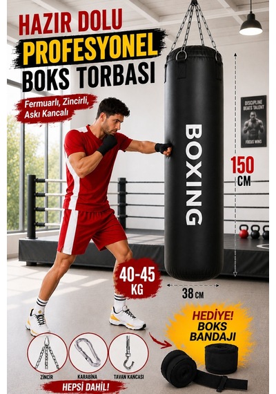 Boxing 150 Cm Salonlara Özel Hazır Dolu Boks Torbası Ve Zinciri - Hediye Boks Bandajı Siyah
