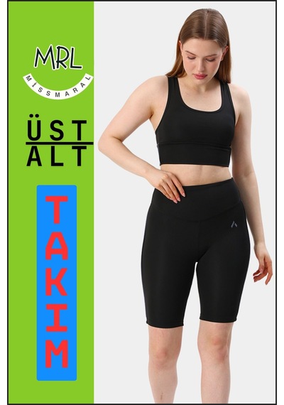 Missmaral Kadın Siyah Takım Alt-üst Kısa Şort-tayt Ve Pedli Sporcu Büstiyer 2li Set Antrasit Biyeli Elt3043 Siyah Antrasit