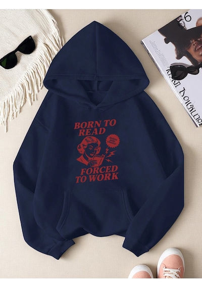 Uyguntarz Unisex Born To Read Baskılı Oversize Sweatshirt Lacivert